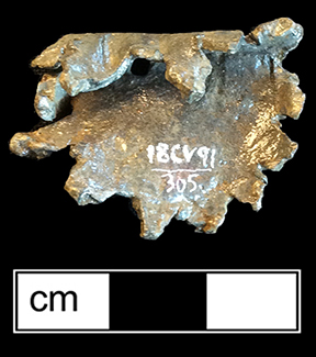Lead whizzer. 1.25” diameter - from 18CV91. Shown on right is a whizzer recovered in Boston marked with name of Thomas Althorp. Courtesy of the City of Boston Archaeology Program.